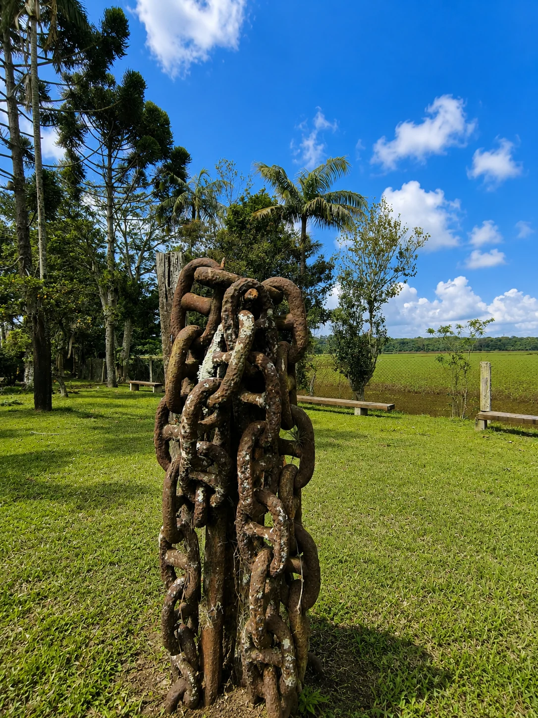 Escultura de correntes no gramado com vista para a represa